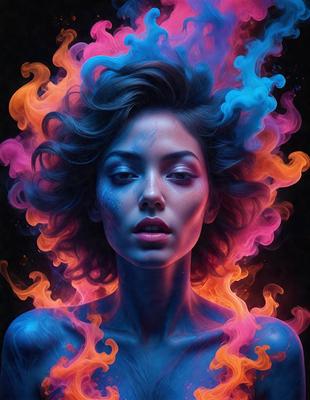 The primary subject of the image is a woman with blue hair, who is the main focus of the scene. She is surrounded by a vibrant and colorful background, which includes a mix of blue, pink, and orange hues. The visual style of the image is a combination of digital art and illustration, creating a unique and artistic representation of the woman. The overall atmosphere of the image is lively and energetic, with the woman's striking blue hair and the vivid colors of the background creating a capt